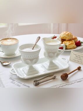 Vintage Colony Lacette Milk Glass Creamer Sugar Tray Set Criss Cross Dot